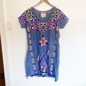 Lulalife Cotton Blue Colorful Embroidered Mini Short Sleeve Summer Dress